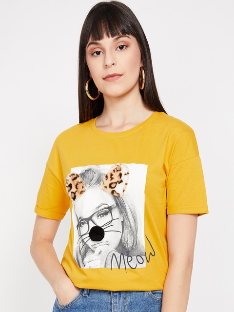 

Ginger by Lifestyle Women Mustard Printed Round Neck T-shirt