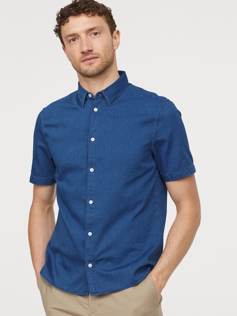 

H&M Men Blue Solid Denim Shirt Slim Fit