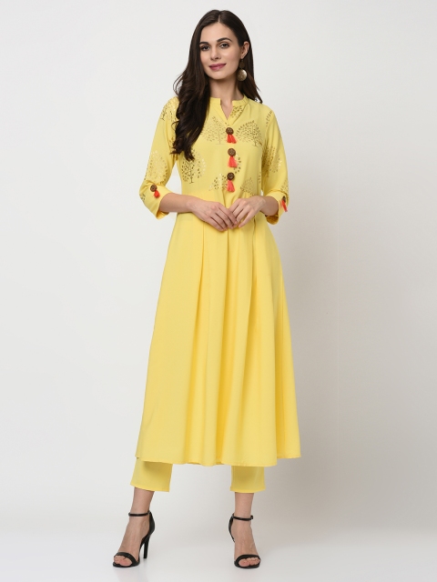 

ZIYAA Women Yellow Foil Printed A-Line Kurta