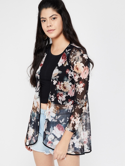 

Ginger by Lifestyle Women Black & Peach-Coloured Printed Sheer Open Front Shrug