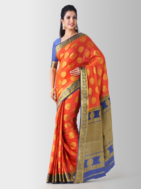 

MIMOSA Orange & Blue Poly Crepe Woven Design Kanjeevaram Saree