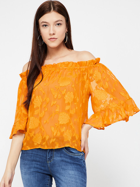 

Ginger by Lifestyle Women Yellow Self Design Bardot Top