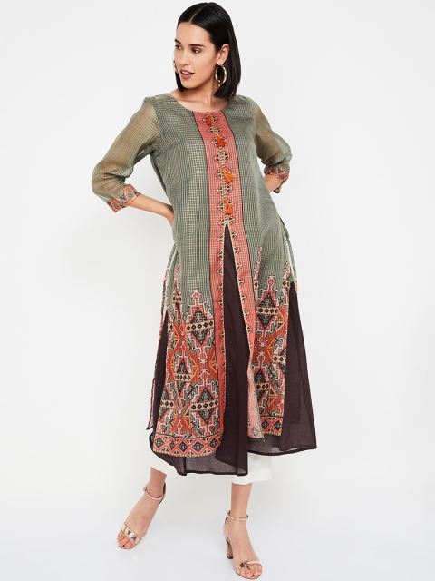 

Melange by Lifestyle Women Olive Green & Brown Woven Design Straight Kurta