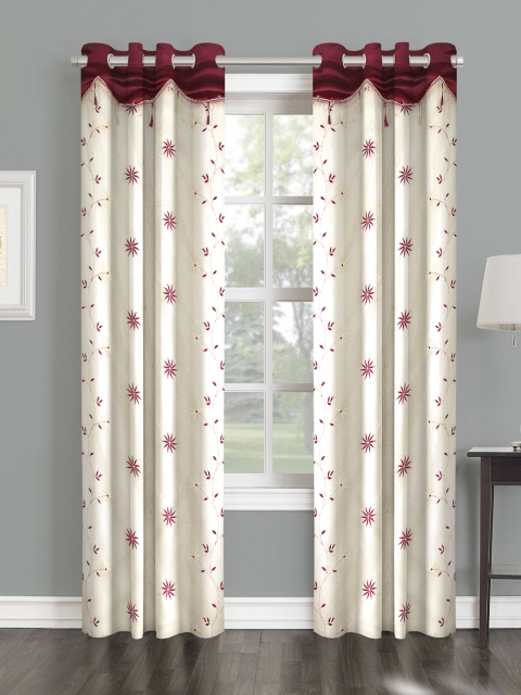 

Cortina Set of 2 Off-White & Maroon Floral Print Sheer Long Door Curtains