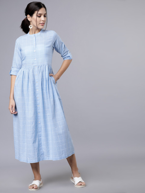 

Vishudh Women Blue Checked Shirt Dress