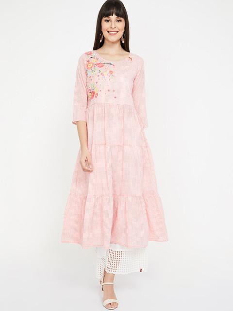 

Melange by Lifestyle Women Coral Pink Checked A-Line Kurta