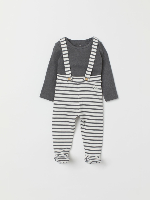 H&M Girls Grey & White Solid Bodysuit And Dungarees