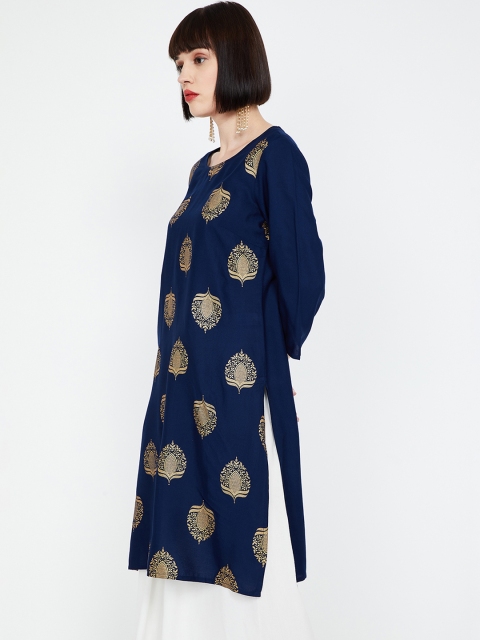 

Melange by Lifestyle Women Navy Blue & Gold-Toned Printed Straight Kurta