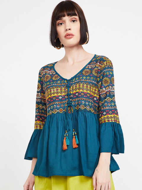 

Colour Me by Melange Women Teal Blue & Yellow Printed A-Line Top