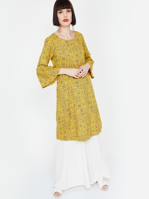 

Melange by Lifestyle Women Mustard Yellow & Grey Printed A-Line Kurta