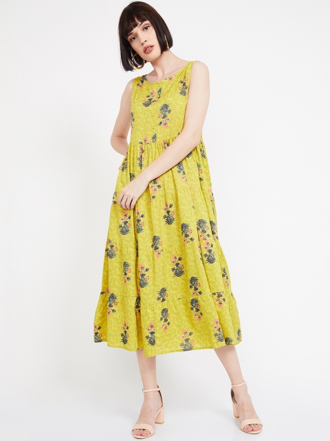 Colour Me by Melange Women Lime Green Tiered Fit and Flare Dress