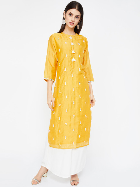 

Melange by Lifestyle Women Mustard Yellow Embroidered Straight Kurta