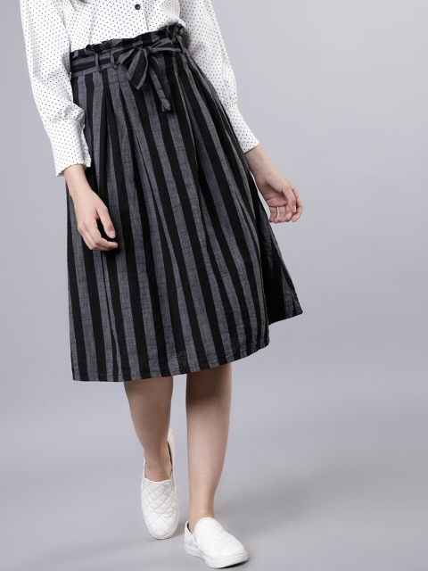 

Tokyo Talkies Women Black & Grey Striped A-Line Skirt