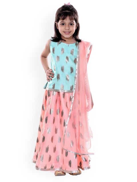 

naughty ninos Girls Sea Green & Pink Printed Ready to Wear Lehenga & Blouse with Dupatta