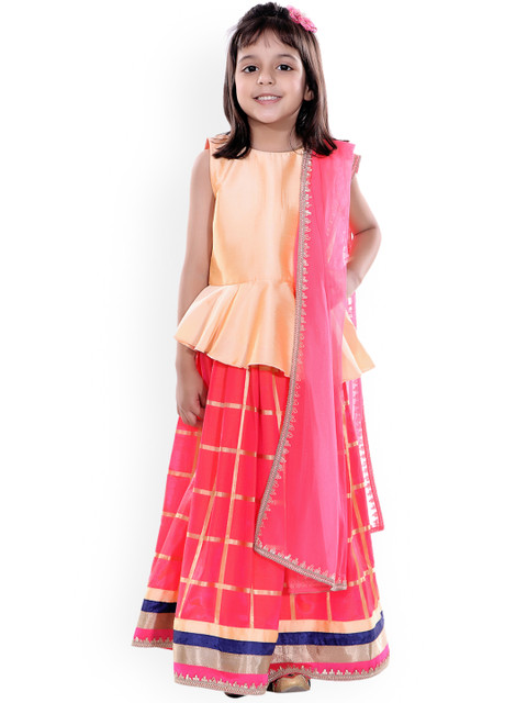 

naughty ninos Girls Orange & Red Solid Ready to Wear Lehenga & Blouse with Dupatta