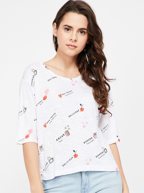 

Ginger by Lifestyle Women Off-White Printed Round Neck T-shirt