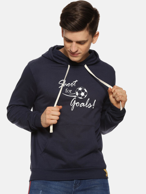 

Campus Sutra Men Navy Blue Printed Hooded Sweatshirt
