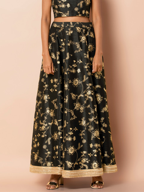

INDYA Women Black & Gold-Coloured Printed Flared Maxi Skirt