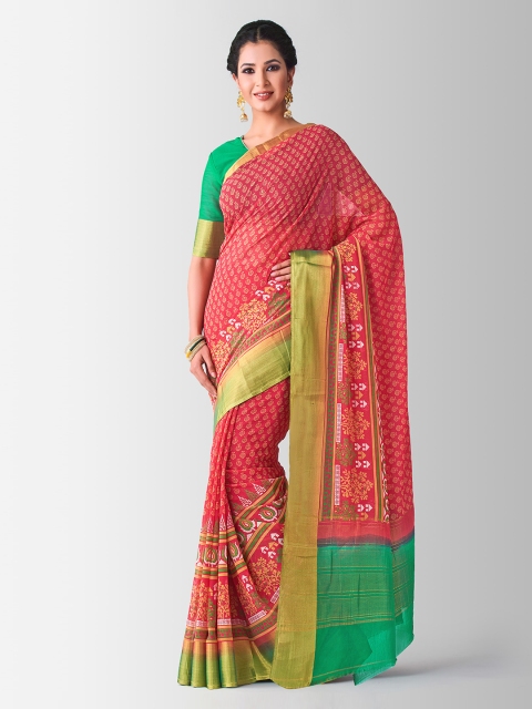 

MIMOSA Pink & Green Poly Chiffon Printed Banarasi Saree