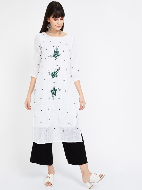 

Melange by Lifestyle Women Off-White & Green Embroidered Straight Kurta