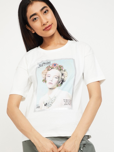 

Ginger by Lifestyle Women Off-White Printed Round Neck T-shirt