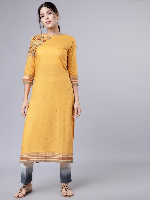 

Vishudh Women Mustard Yellow & Off-White Printed Kurta with Palazzos