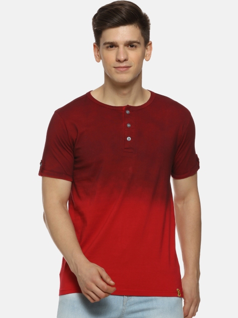 

Campus Sutra Men Maroon Dyed Henley Neck T-shirt