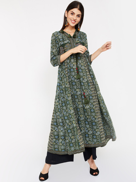 

Melange by Lifestyle Women Olive Green Printed A-Line Kurta