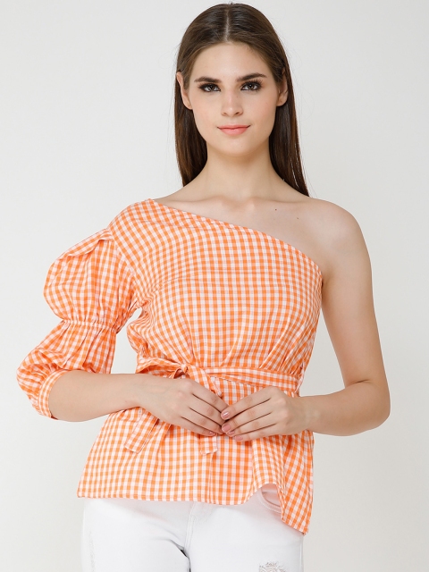 

Cation Women Orange Checked Cinched Waist Pure Cotton Top