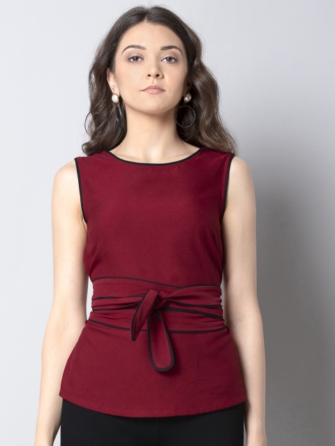 

FabAlley Women Maroon Solid Cinched Waist Top