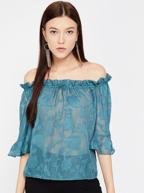 

Ginger by Lifestyle Women Teal Self Design Bardot Top