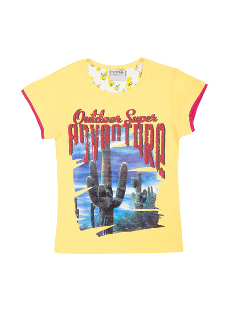 

Cherokee Girls Yellow Printed Round Neck Pure Cotton T-shirt