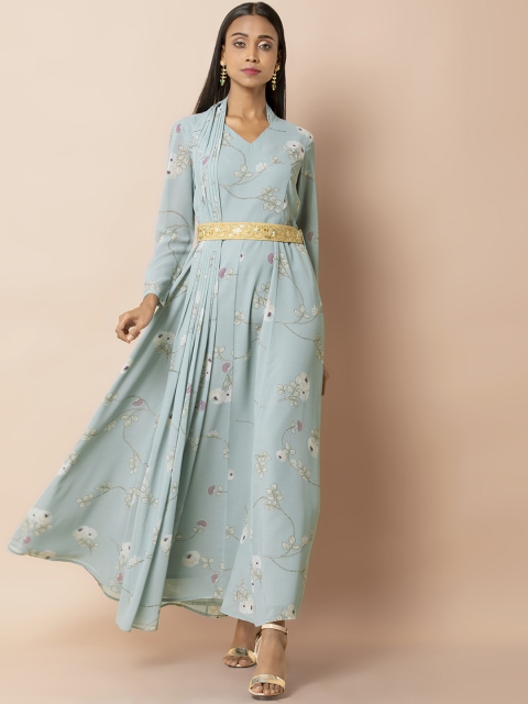 

INDYA Women Blue Printed Dress with Attached Pleated Dupatta