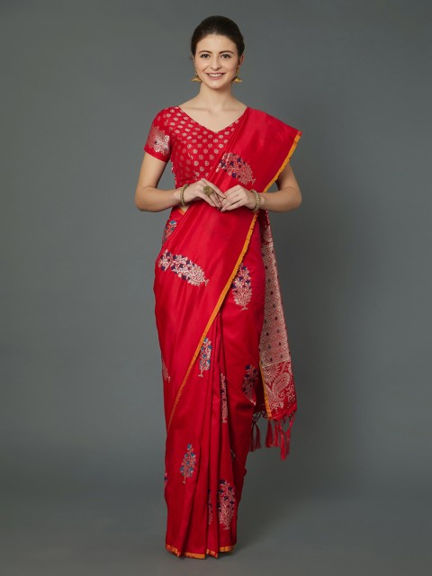 

Mitera Red Silk Blend Printed Banarasi Saree