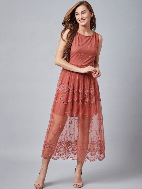 

Athena Women Rust Brown Embroidered Fit and Flare Dress