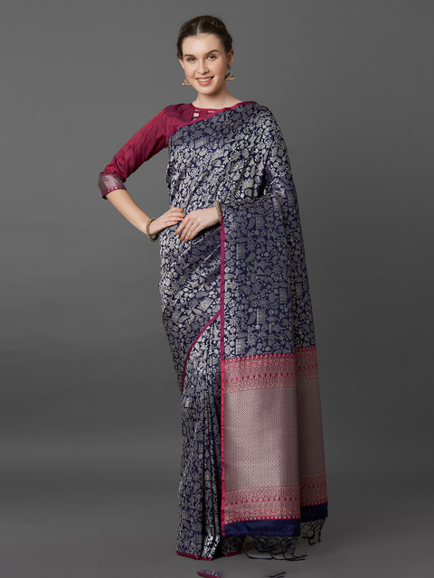 

Mitera Blue Silk Blend Woven Design Banarasi Saree