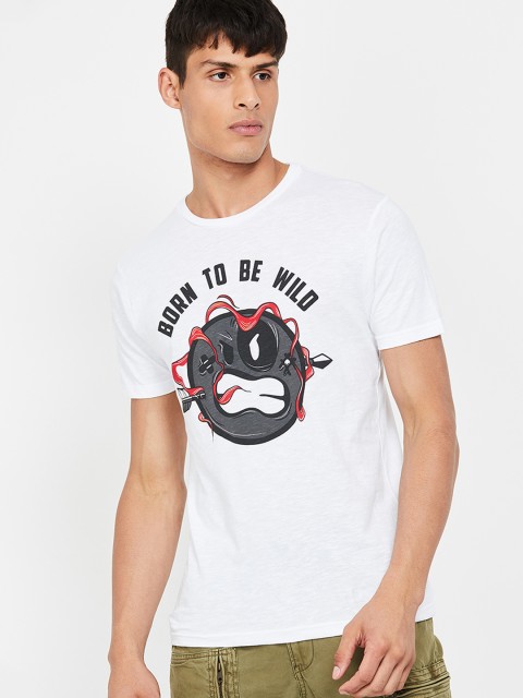 

Smiley World Men White Printed Round Neck T-shirt