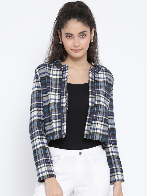 

Oxolloxo Women Navy Blue Checked Bolero Jacket