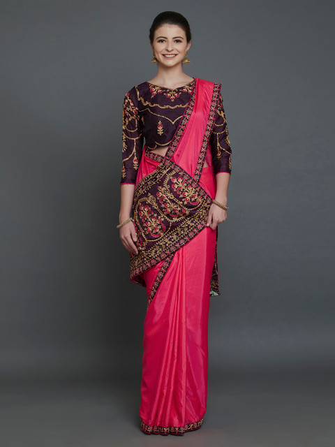 

Mitera Pink Silk Blend Embroidered Banarasi Saree
