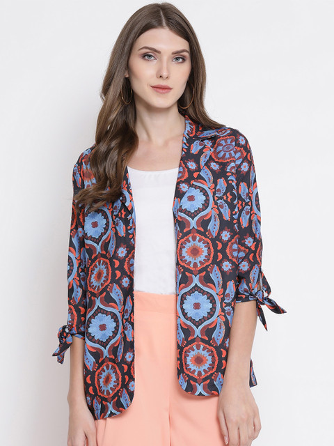 

Oxolloxo Women Navy Blue Printed Open Front Jacket