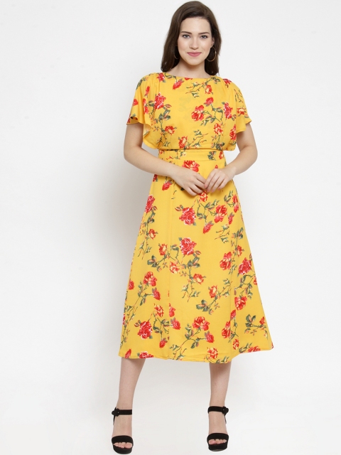 Magnetic Designs Women Yellow Floral Printed Fit and Flare Dress