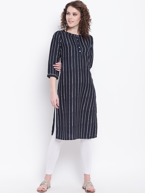 

Napra Women Navy Blue & White Striped Straight Kurta