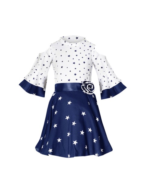 

naughty ninos Girls White & Navy Blue Star Printed Fit and Flare Dress