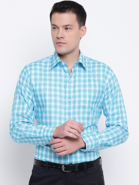 

Hancock Men Turquoise Blue & White Slim Fit Checked Formal Shirt