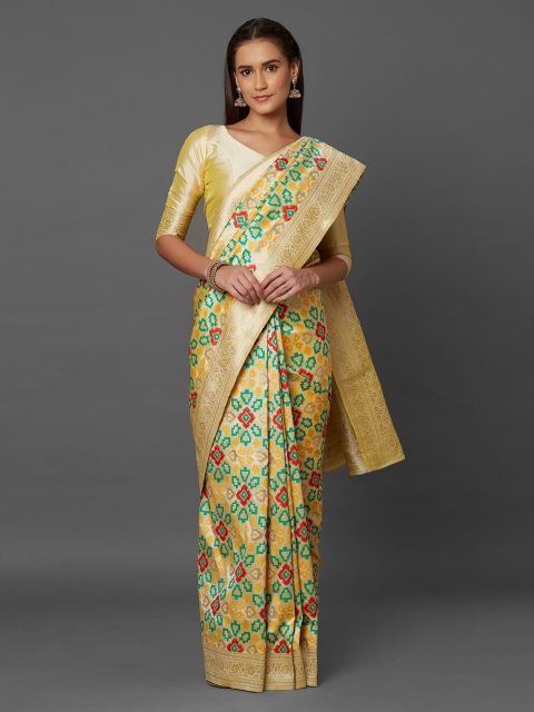 

Mitera Cream-Coloured & Yellow Silk Blend Woven Design Banarasi Saree
