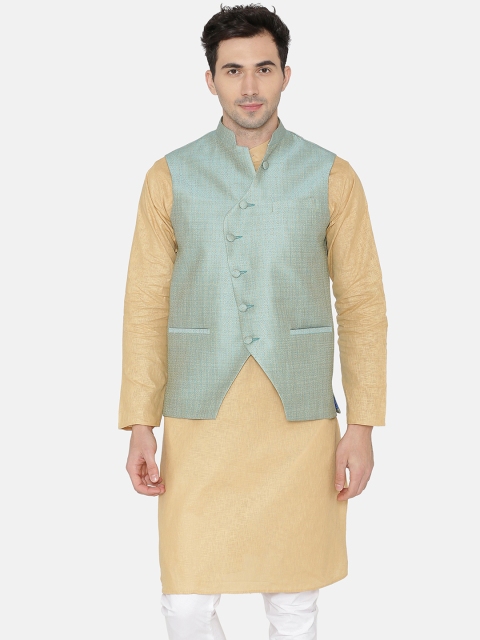 

Wintage Men Turquoise Green Blue Solid Banarasi Rayon Cotton Nehru Jacket
