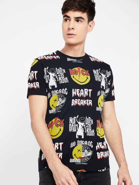 

Smiley World Men Black Printed Round Neck T-shirt