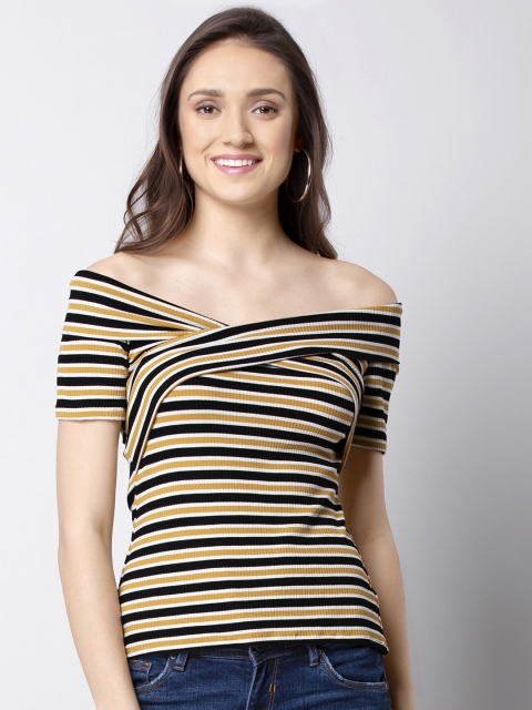 

FabAlley Women Yellow Striped Bardot Top