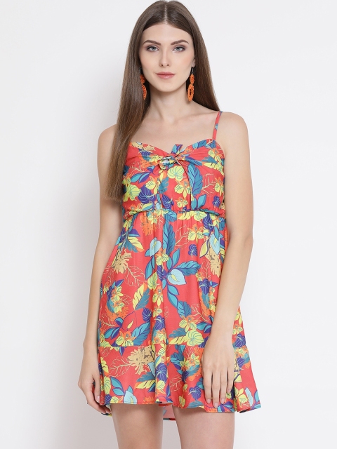 

Oxolloxo Women Red Fit and Flare Dress with Smocked Detail
