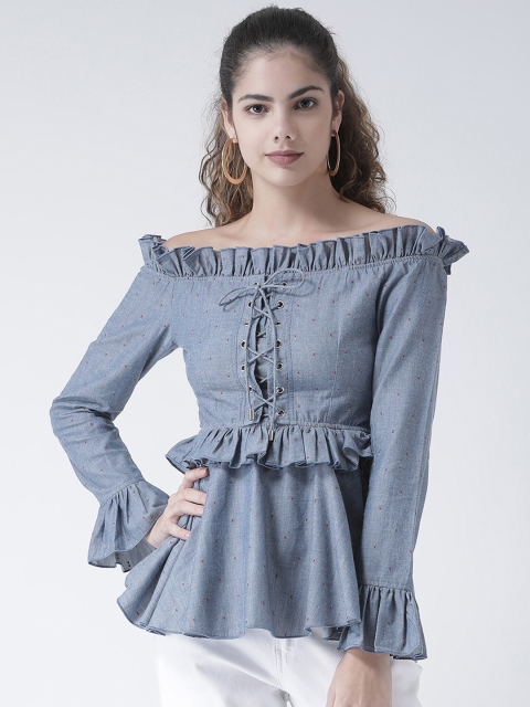 

Texco Women Blue Self Design Bardot Pure Cotton Top